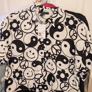 Black and White Graphic Button-Up Shirt